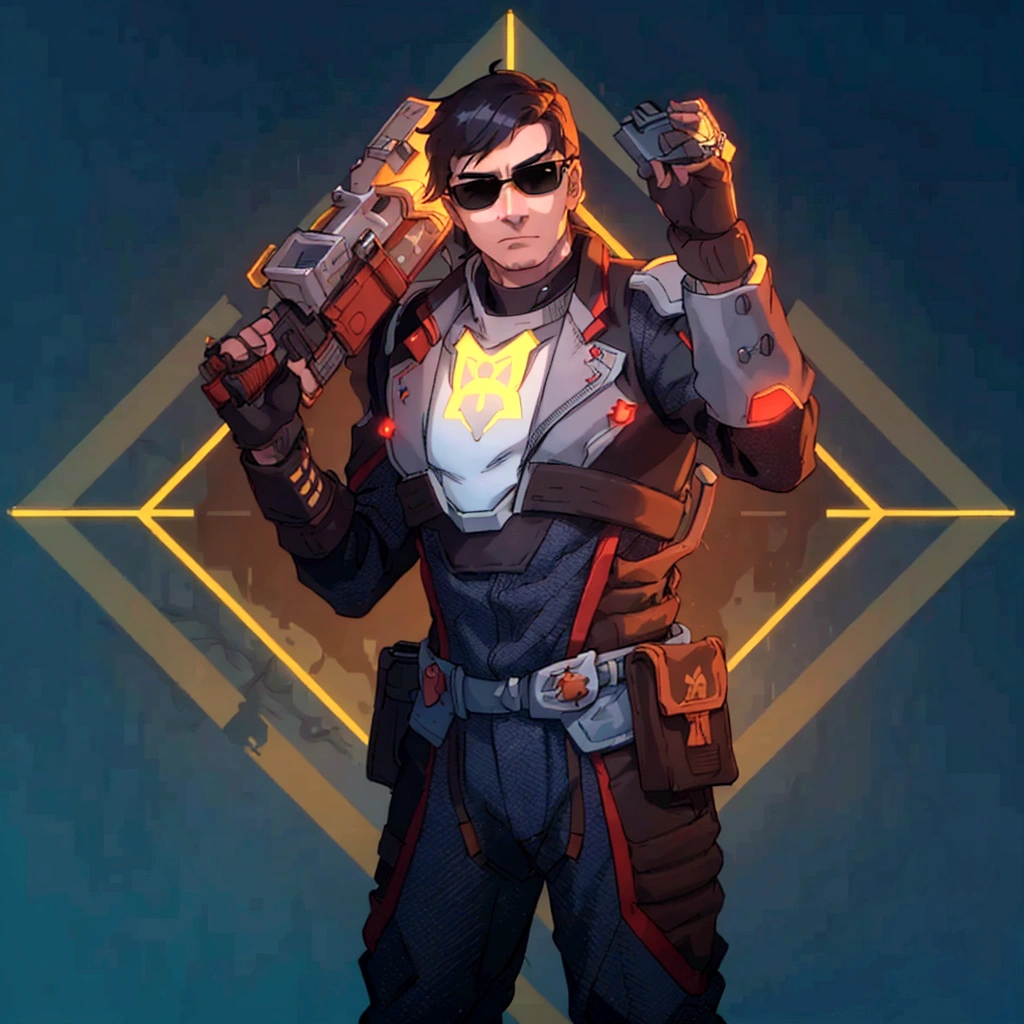 At the center of a vibrant piece of digital art, a male character stands confidently with his hands on his hips. He is adorned in an elegant gray and red suit equipped with a helmet and glasses and on his chest bears the letter M, suggesting that he might be prepared for an adventure or battle. His outfit is completed with a pair of sunglasses, adding to his cool demeanor. In his right hand he holds a gun, ready for action. The background contrasts strikingly with its blue and yellow geometric shapes, enhancing the overall futuristic theme of the image.