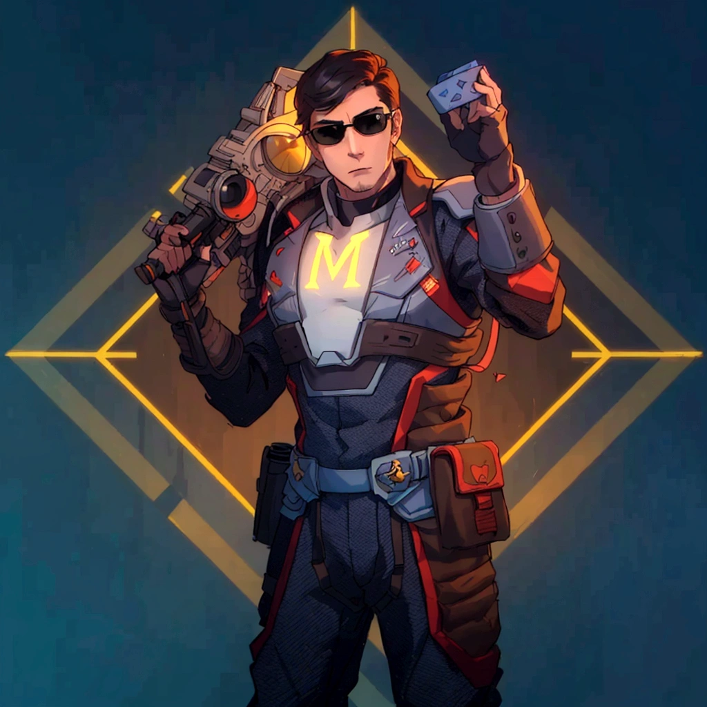 At the center of a vibrant piece of digital art, a male character stands confidently with his hands on his hips. He is adorned in an elegant gray and red suit equipped with a helmet and glasses and on his chest bears the letter M, suggesting that he might be prepared for an adventure or battle. His outfit is completed with a pair of sunglasses, adding to his cool demeanor. In his right hand he holds a gun, ready for action. The background contrasts strikingly with its blue and yellow geometric shapes, enhancing the overall futuristic theme of the image.