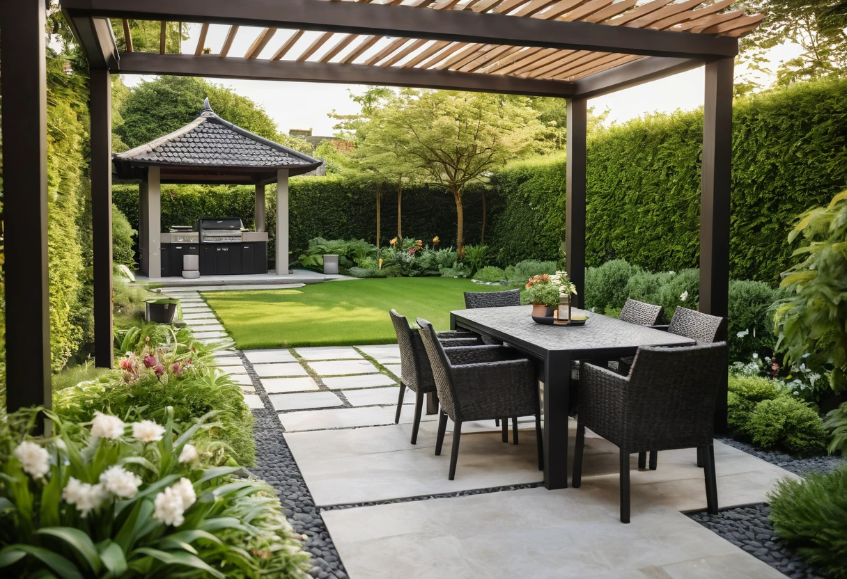 A view from inside a sleek, modern gazebo in a beautifully designed European garden with Asian elements. Shot with a high-quality DSLR camera, the gazebo is furnished with minimalist chairs and a table, overlooking a garden with lush green lawns, vibrant flowers, and small clear ponds. The smooth stone pathway winds through the garden, leading to a spacious BBQ area with a stylish grill and modern outdoor dining furniture. Soft, ambient lighting creates a cozy and inviting atmosphere. Shallow depth of field, focused foreground, bokeh background. ((8k)), high quality detail, serene and sophisticated garden, modern elegance with Asian accents.
