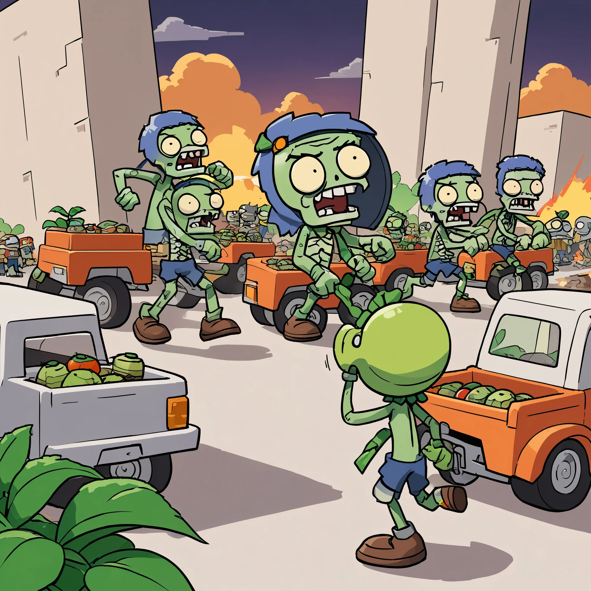 best quality, 2.5D, delicate and dynamic depiction, video game, (Plants vs. Zombies), showdown, Truck Racing, hard-working effects, funny scene