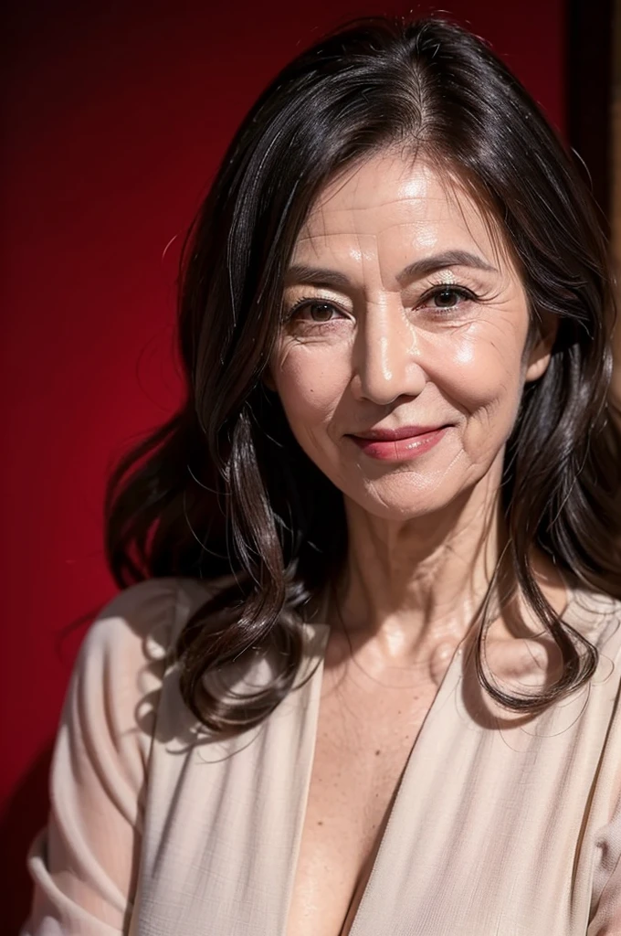 (masterpiece:1.4),(69-year-old woman:1.5),(facial wrinkles 1.2),gentle smile,Long Wavy Hair, motherly mature woman