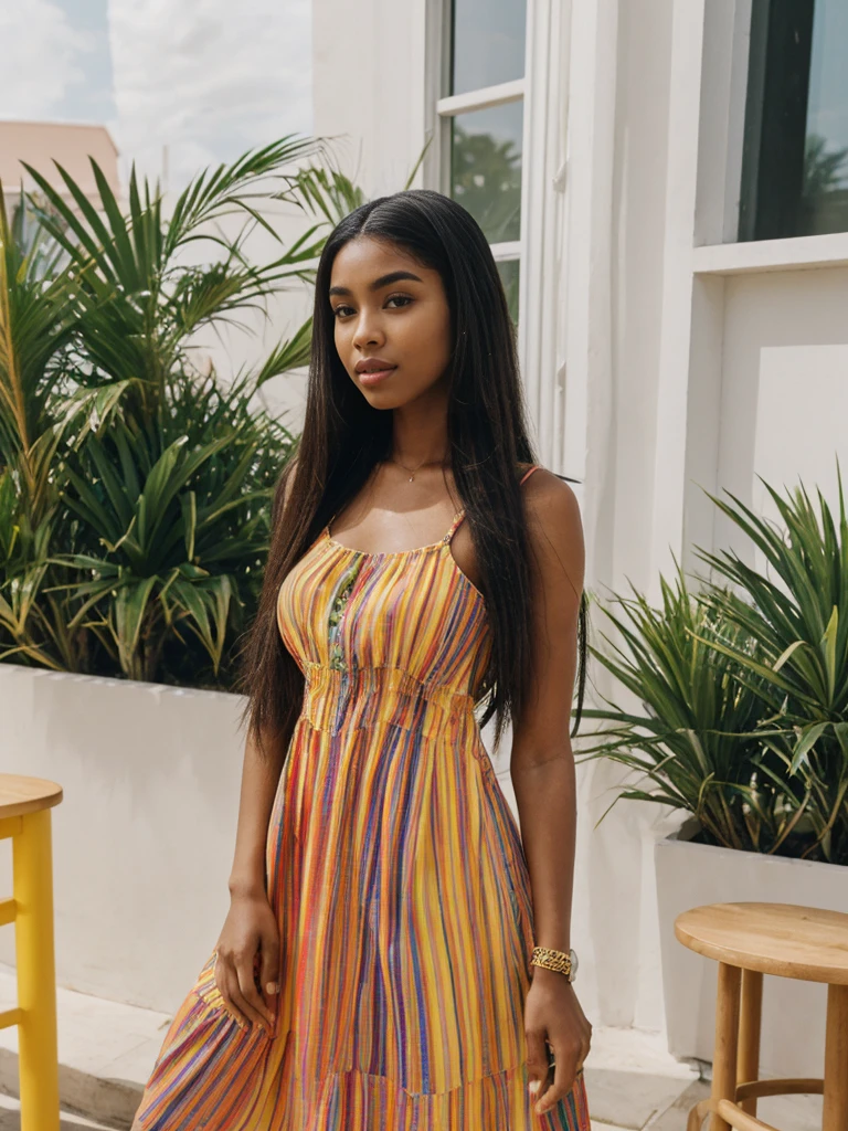 Madison Beer, her name is Jamila, high quality, 1girl, ((20-year-old fit ebony woman)), ((25 years old)), ((slim)), long hair, pose: standing, wearing (((colorful sundress))) stylish fashionable Generation-Z modern wear different colored, BACKGROUND: outside: a cafe by the beach