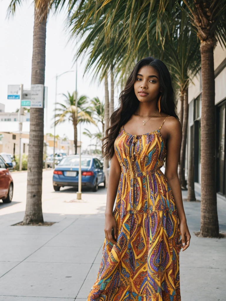 Madison Beer, her name is Jamila, high quality, 1girl, ((20-year-old fit ebony woman)), ((25 years old)), ((slim)), long hair, pose: standing, wearing (((colorful sundress))) stylish fashionable Generation-Z modern wear different colored, BACKGROUND: outside: a cafe by the beach