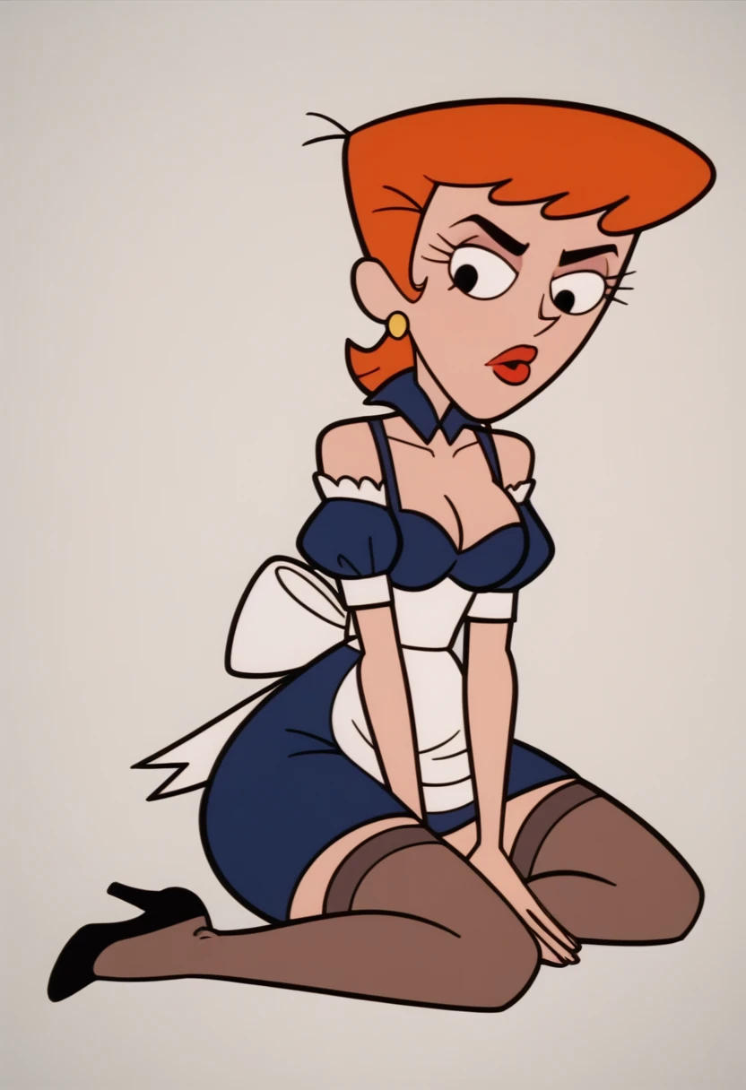 score_6_up, score_7_up, score_8_up, score_9, masterpiece, perfect face, perfect hands, high quality, dextersmom, solo, 1girl, orange hair, short hair, lipstick, earrings, Blue maid uniform, maid headdress, apron, stockings, high heels, lipstick, makeup, cleavage,tétons,bikini