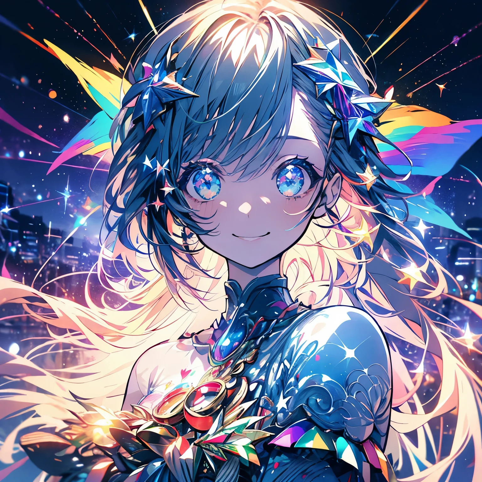 masterpiece、girl、Rainbow colorsの髪、Sparkling eyes、smile、Shining Background、Starry Ski、Rainbow colors、Starry Sky、milky way、Upper Body
