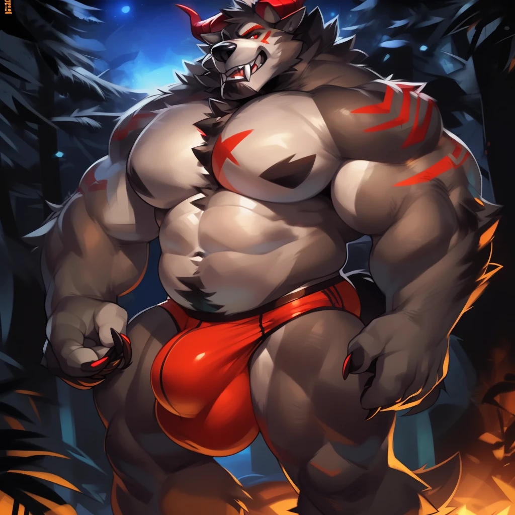 Solo, male (((giant, tall, wolf, werewolf, red eyes, grey body, Muscular, broad shoulders, hyper pecs, huge pecs, huge muscles, abs, muscular arms, muscular thighs, sharp teeth, black chest hair, black nose, tail, fangs, exposed teeth, clawed hands, clawed feet, big tusks, horns, big horns, body marking, red markings, black claws, scruffy cheeks, huge bulge))) forest, night, standing ((male focus, focus wolf, focus teeth)) rubbing stomach, detailed hands, detailed eyes, detailed face, detailed teeth, detailed tusks, detailed arms, detailed abs, detailed bulge, detailed snout, briefs, black briefs, big briefs, accurate tusk placement, perfect anatomy, by darkgem, by mystikfox61, by glitter trap boy