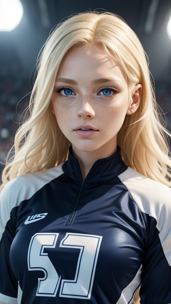 Dynamic View of 1 Albino woman with freckles, extremely thin and sensual, blonde hair ((curly)) slightly messy (over the eyes), with large and highly detailed light blue eyes, large and curved eyelashes, making a sensual pout with her mouth, extremely beautiful, with exuberant beauty, perfect symmetry, perfect body, detailed skin with quality and depth, she is wearing an oversized navy blue baltimore rinno force football jersey, ultra-realistic image, perfect symmetry, vibrant and sharp, dynamic vision, tall level of detail and definition, 1200 PPI – Photographic resolution with greater central realism, 4K image resolution Hyper-realistic, high-fidelity, cinematic UHD.