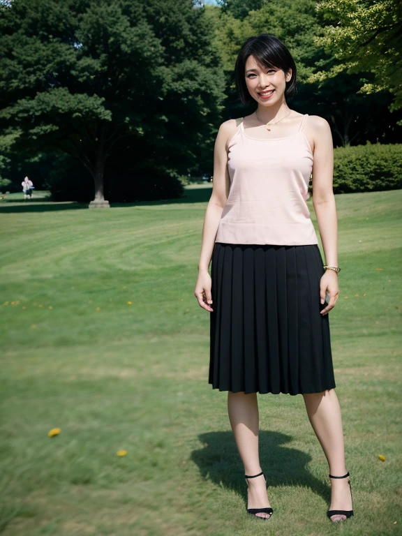 (RAW Photos:1.2), (Realistic:1.4),Beautiful detailed woman,非常にfine grainと顔, fine grain, Very detailed,High resolution, Very detailed,Highest quality,Consciousness upward,Unified,8k wallpaper,masterpiece,Highest quality,1 female,alone,rich,Whole Body Ezbian,Toned figure,;Foot meat,Tight waist,alone,（Pink one-piece skirt,High heels）,Jewelry Necklace Short Hair,A kind smile,A dignified atmosphere,black eye,Realistic,Central Park , (Morning Park:1.1)