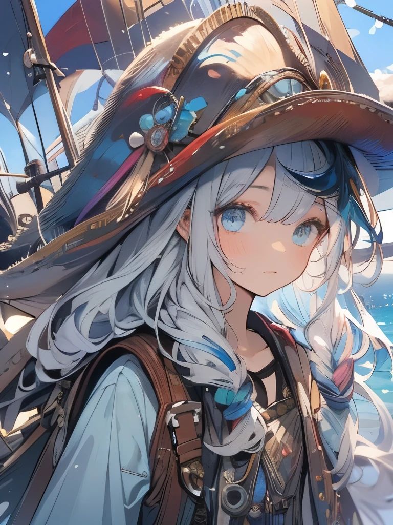 masterpiece、girl、Rainbow Hair、Sparkling eyes、Ocean賊の服、(((Wear a tricorn hat)))、Serious face、Ocean、On the boat、Upper Body