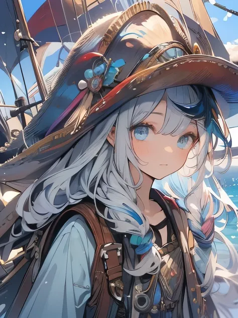 masterpiece、girl、rainbow hair、sparkling eyes、ocean賊の服、(((wear a tricorn hat)))、serious face、ocean、on the boat、upper body