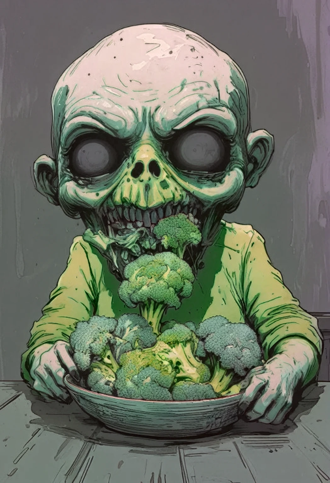 animated tv show, ghoul Skeffington, eating broccoli, insatiable, minimal, hand drawn ink figure, VHS, glitch, distorted, nostalgia, 90's retro vibes, og tape, vcr aesthetics, tv, television, hand drawn, (full roygbiv color) ink charcoal expressive illustration, no light source, darkness, light mask uv rays across face,
