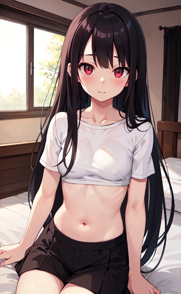 (best quality,high resolution,Beautiful detailed eyes,White lighting:1.2),red eyes, looking at viewer, long hair, black hair, blush, laying on bed,,small shirt,small scurt,exposed stomach, medium breasts