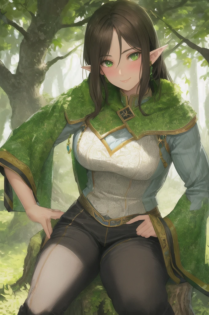 (detailed eyes:1.1), (detailed face:1.1), masculine dwarf, sitting on a tree stump, looking at viewer, covered in verdant leaves, large eyes, male, forest environment, skin covered with leaves, green skin, wearing a leafy outfit, mischievous smile, large eyes, muscular build, pointy ears, glowing green eyes, short and stout, mystical aura, detailed face, blush, narrow waist, fit body:1.1, intricate detail, photorealistic, (blush:0.2), (goosebumps:0.3), subsurface scattering, glowing skin, volumetric lighting, godrays, Rembrandt lighting, real shadows, extremely high detail, detailed skin texture