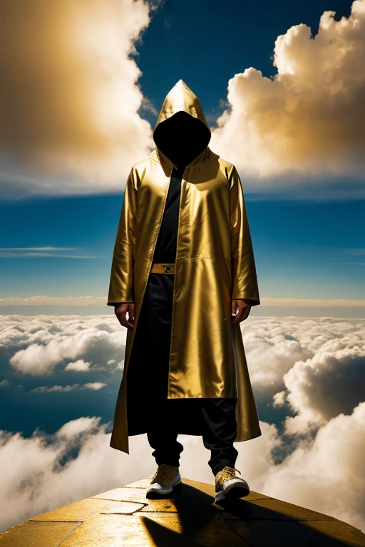 A hooded man with golden edges walking on the clouds
