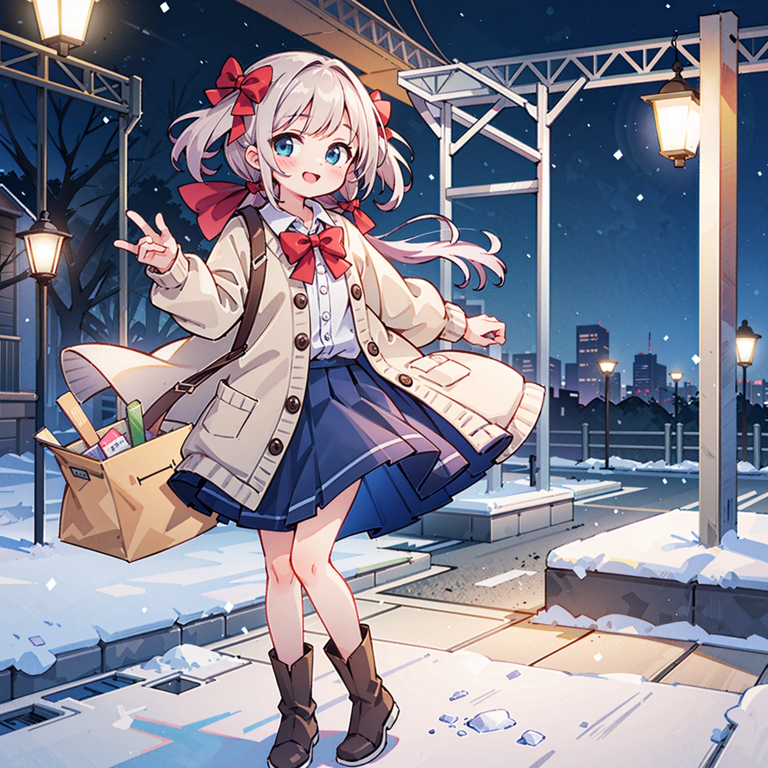 (masterpiece:1.2), best quality, highres, original, (extremely detailed:1.2), ultra-detailed, wallpaper, perfect lighting,(extremely detailed CG:1.2), 8k, anime illustration, 1girl, solo, smiling, (winter outfit:1.2), standing on the street, (knit cardigan:1.1), (bowknot on cardigan:1.25), knee-length skirt, (Ruffled hemline:1.3), winter boots, {delicate|detailed}clothes, (anatomically correct:1.34), close-up, full-body, looking at viewer, frontal, snowy street, (streetlight:1.17), city background, night, unity 4k