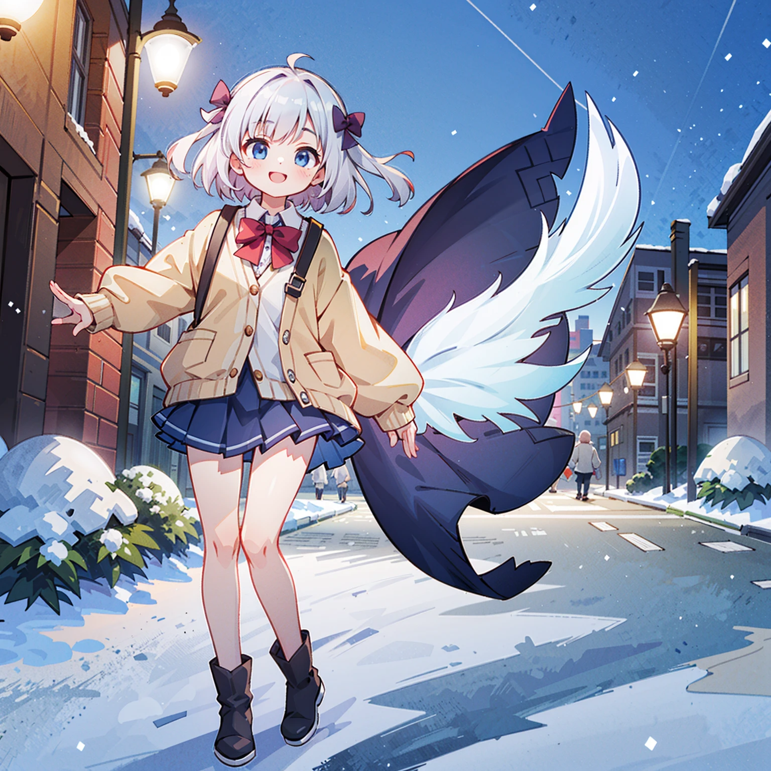 (masterpiece:1.2), best quality, highres, original, (extremely detailed:1.2), ultra-detailed, wallpaper, perfect lighting,(extremely detailed CG:1.2), 8k, anime illustration, 1girl, solo, smiling, (winter outfit:1.2), standing on the street, (knit cardigan:1.1), (bowknot on cardigan:1.25), knee-length skirt, (Ruffled hemline:1.3), winter boots, {delicate|detailed}clothes, (anatomically correct:1.34), close-up, full-body, looking at viewer, frontal, snowy street, (streetlight:1.17), city background, night, unity 4k