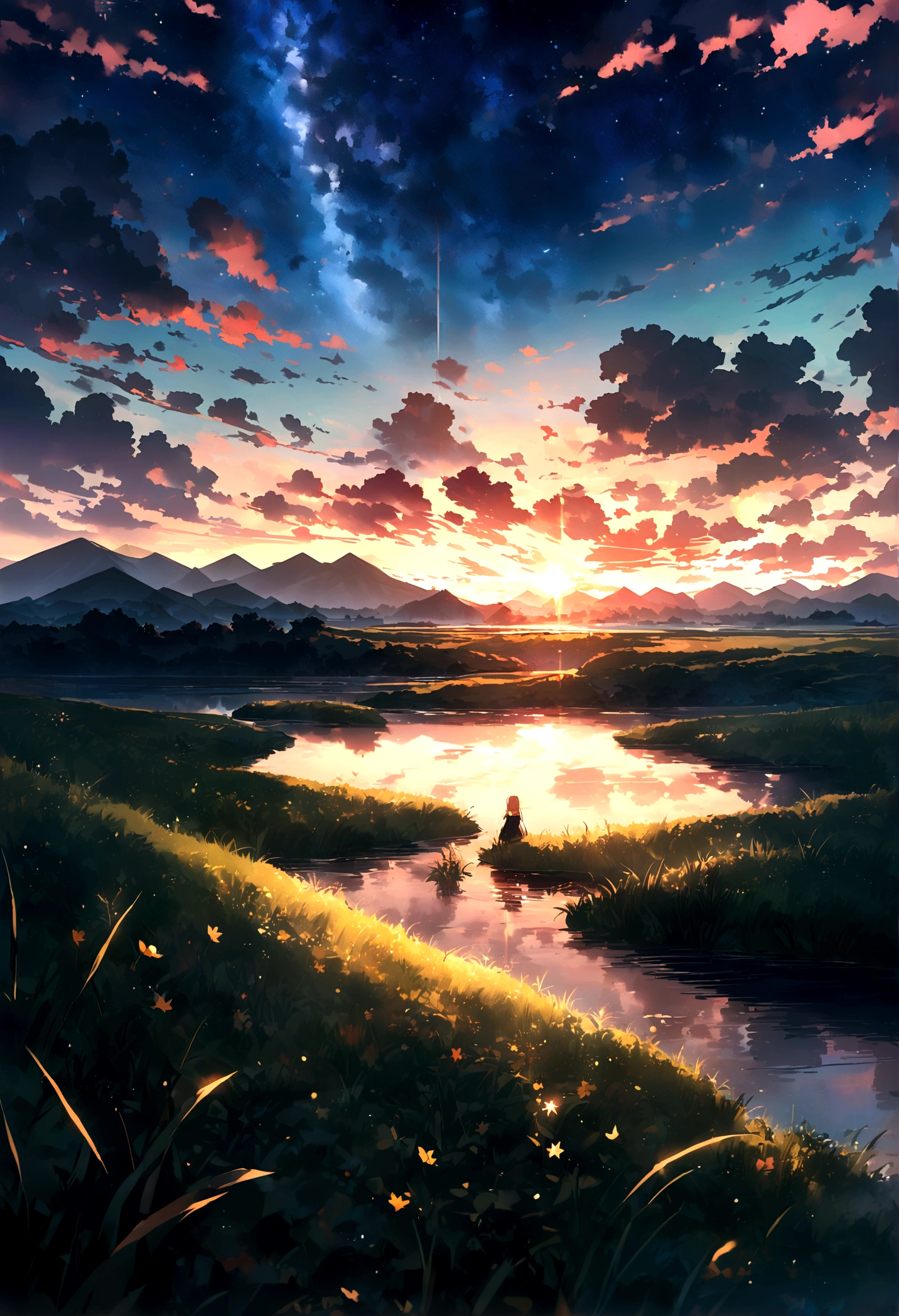 , river, Beautiful sunset, Big Cloud, Green grass, sad, Stars can be seen through the clouds, space, A ray of sunshine illuminates the world, masterpiece, Mountain々