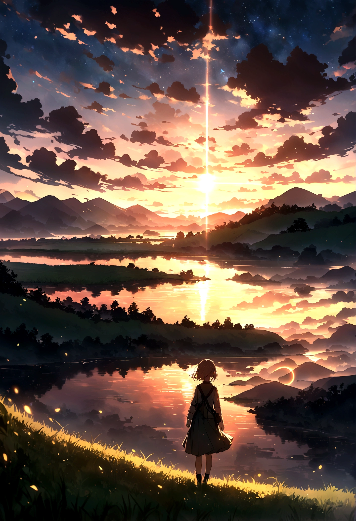, river, Beautiful sunset, Big Cloud, Green grass, sad, Stars can be seen through the clouds, space, A ray of sunshine illuminates the world, masterpiece, Mountain々