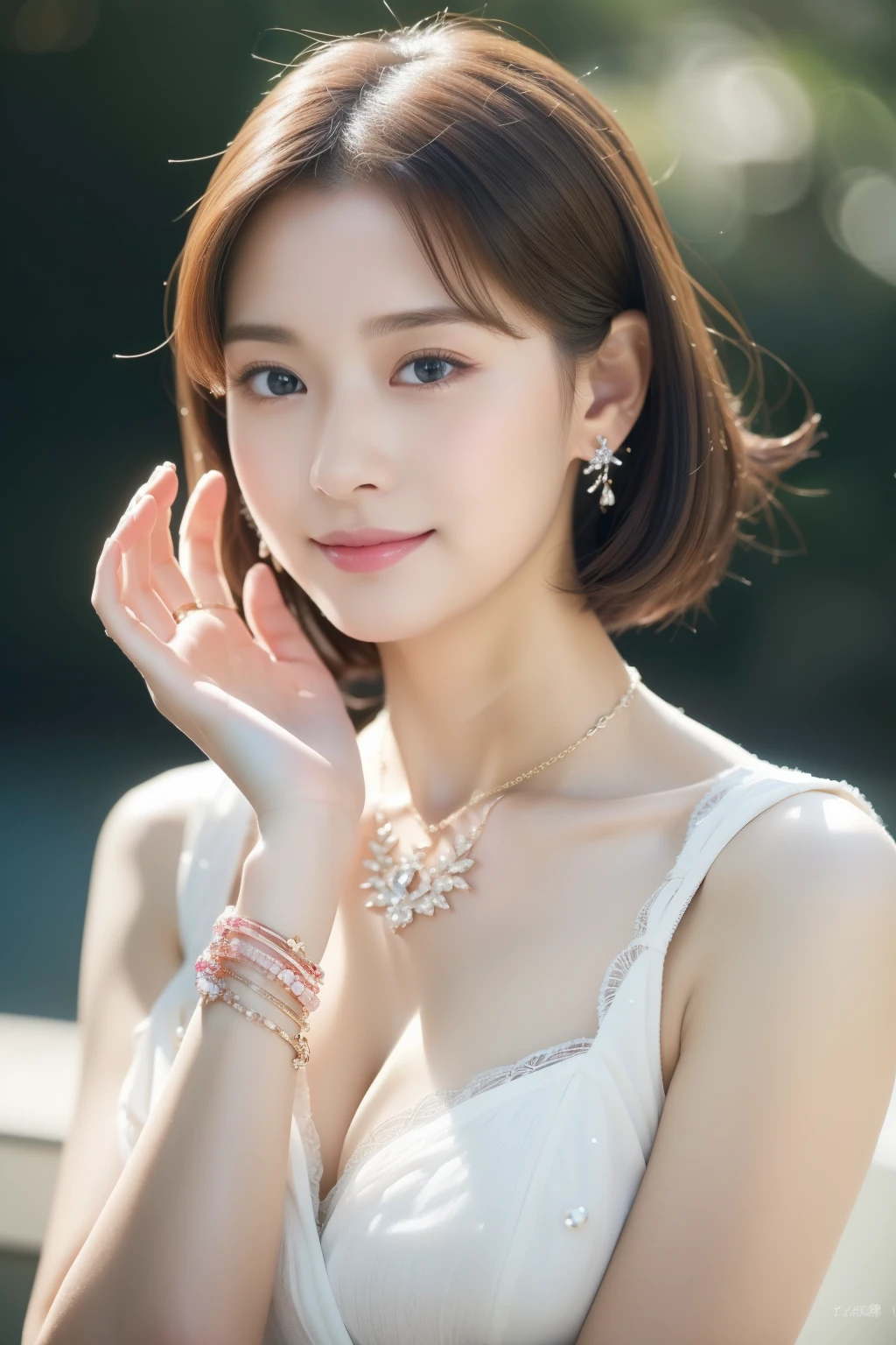 (((８Very high resolution in K, high detailing, highly accurate, masutepiece))),Photography & realistic atmosphere,shinny skin,Beautiful skin,fine-grained white skin,Detailed face,Detailed eyes、Dark green eyes,Very pretty eyes,Detailed lips、Glossy pink sheen,Very beautiful face,Very well-formed face、Lifelike face,shiny beautiful lips,Beautiful eyebrows,Delicate Makeup,(((８K,very high res, high detailing, High Definition, masutepiece))),Japan idle,Korean Idol,Very beautiful woman,Very beautiful girl,Ornaments that match beautiful fashion(((high-detail,high detal,​masterpiece,Simple and elegant ornaments,a necklace,Bracelets, the ring, piercings,))),Adornments designed to the smallest detail,Summer Fashion,Photograph the whole body, very beautiful Japan beautiful girl,17-year-old aut girlo is too beautiful in Japan,Dresses made with attention to detail,Beautiful patterned dresses,Wearing beautiful heeled sandals,very beautiful hair with brown hair and shiny,Stylish and very beautiful shorthair,Teary-eyed,Gentle smile,watching at viewers, Beautiful but a little innocent,natural soft light,(((photorealisim))),Reality Live Action,Beautiful nails in nail art,Beautiful legs,turned around,超A high resolution、A masterpiece of high detail,Face,Natural realistic face,Natural light of the city,Colossal tits,Beautifully shaped breasts