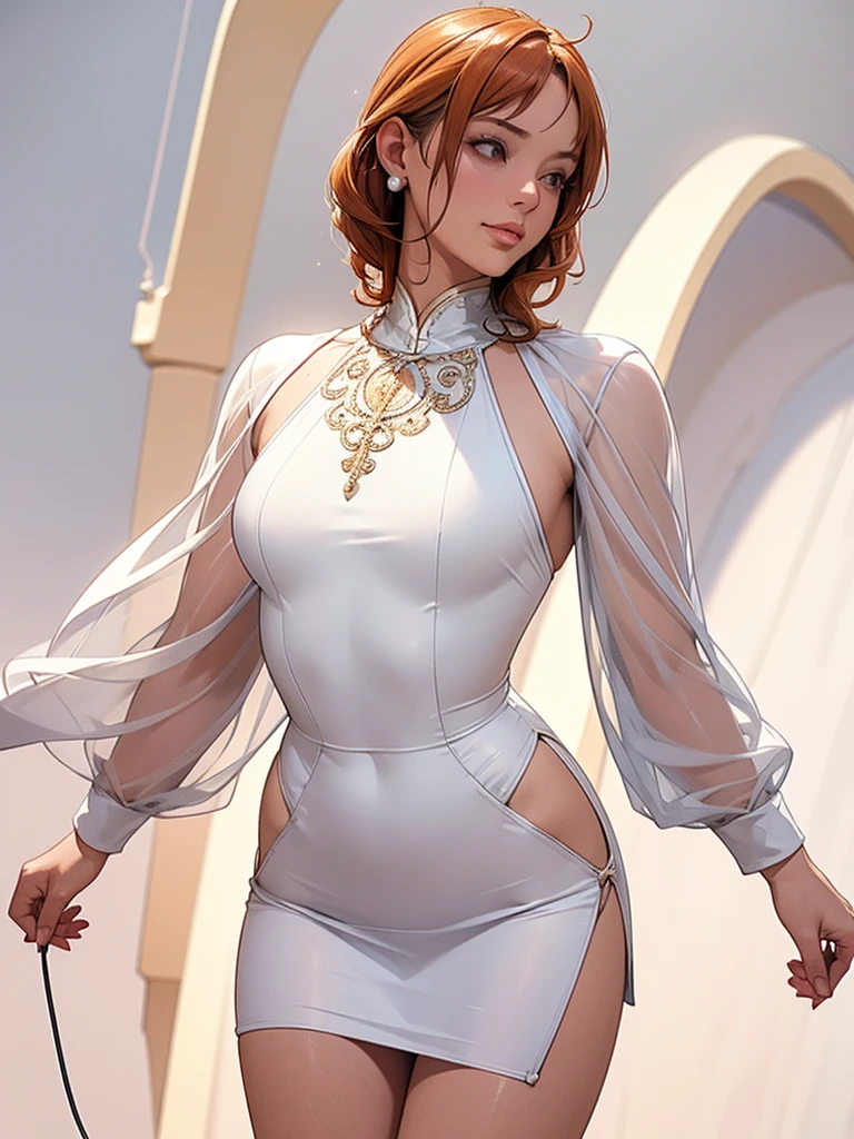 Best quality, 4k, high resolution, body stuck dress, perfect smile, gorgeous, light skin, (ichigo),orange hair, wearing bodystuck long dress,(long sheeves), clothes are stuck in body, bodyfit outfit,1 girl, solo, seductive look, elegance and charm, (masterpiece, best quality, high resolution), looking at the viewer, standing, (intricate and beautiful:1.2), (detailed light:1.2), (soft light, side light), (high resolution textures) , holding leash in hand(chain leash), outdoor, Burmese girl,wearing bodcorn dress(white colour) with pink line ,wearing gorgeous jewelary, wearing harness over the outfit ,outdoor background, sun light, attractive, sexy, mature and hot, young,(masterpiece:1.3), (disorganized:1.3), (highest quality:1.3), perfect ???????, detailed face, front view, perfect right hands, looking at viewer, (Super detailed:1.3), (best shadow:0.7), (treated hair), fine eyes, beautiful eyes, young aged woman, alone, standing, crystal earrings,closed_mouth, , outdoors,Thick thighs, arrogant face, small