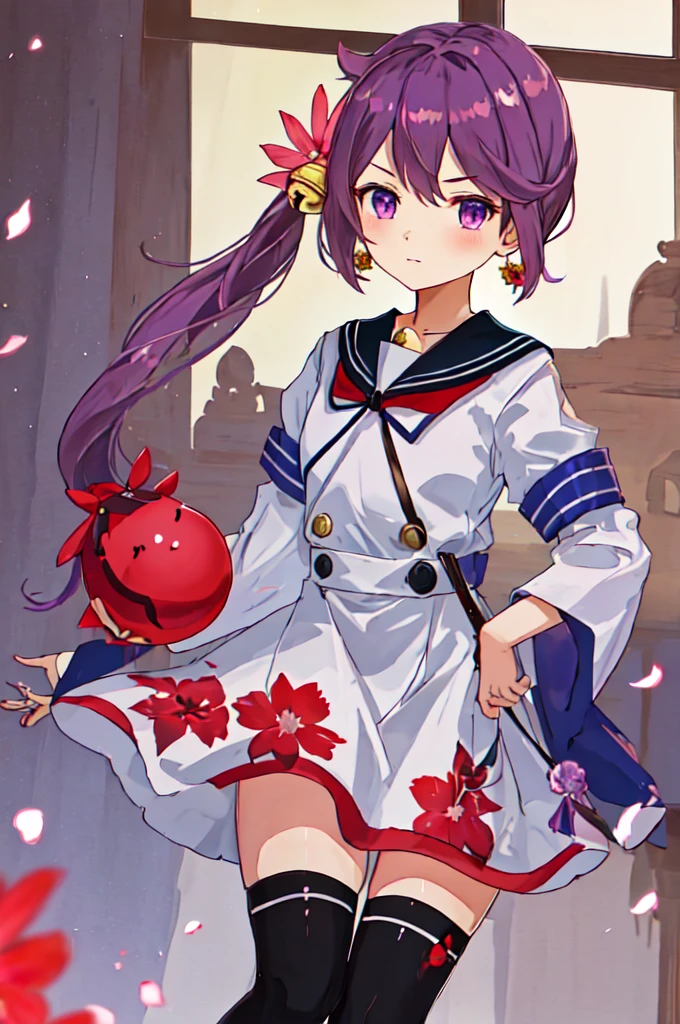 Highest quality, masterpiece, High resolution, alone, {Red too:1.35}, {Akebono_Fleet Collection:1.15}, purple_hair, length_hair, hair_ornament, ~ side_ponytail, purple_eye, flower, hair_flower, hair_Bell, Bell, Jingle_Bell, Seraphim, blush, very_length_hair, Sailor suit