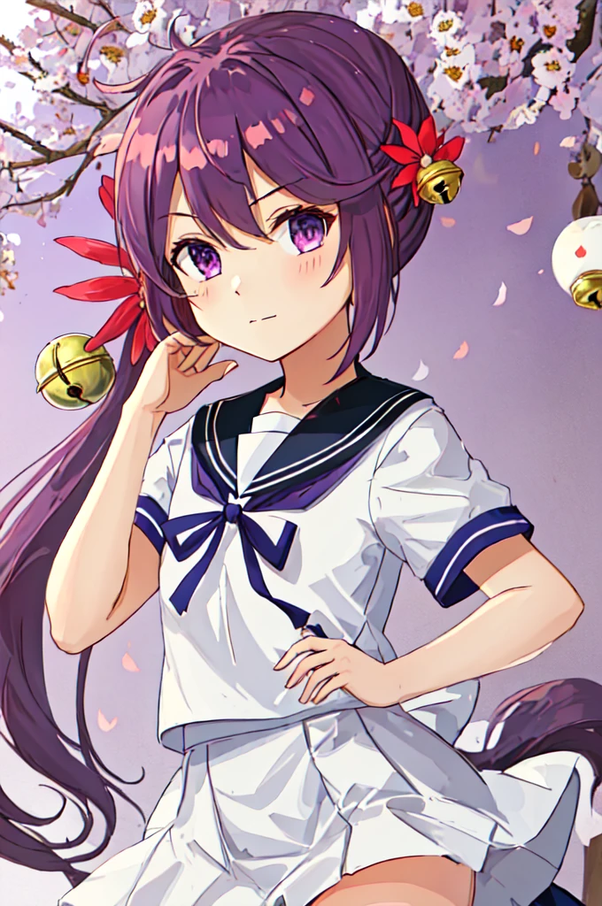 Highest quality, masterpiece, High resolution, alone, {Red too:1.35}, {Akebono_Fleet Collection:1.15}, purple_hair, length_hair, hair_ornament, ~ side_ponytail, purple_eye, flower, hair_flower, hair_Bell, Bell, Jingle_Bell, Seraphim, blush, very_length_hair, Sailor suit