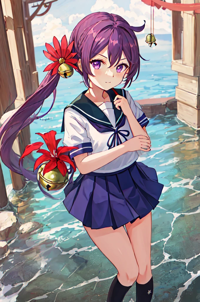 Highest quality, masterpiece, High resolution, alone, {Red too:1.35}, {Akebono_Fleet Collection:1.15}, purple_hair, length_hair, hair_ornament, ~ side_ponytail, purple_eye, flower, hair_flower, hair_Bell, Bell, Jingle_Bell, Seraphim, blush, very_length_hair, Sailor suit