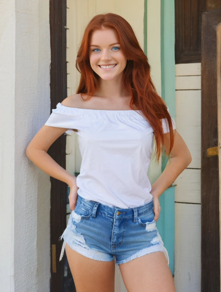 18 year old young girl, long haired redhead with blue eyes, Short white off-the-shoulder shirt, bright blue short jean shorts, serious look, SMILE, smiling, short brown boots with white