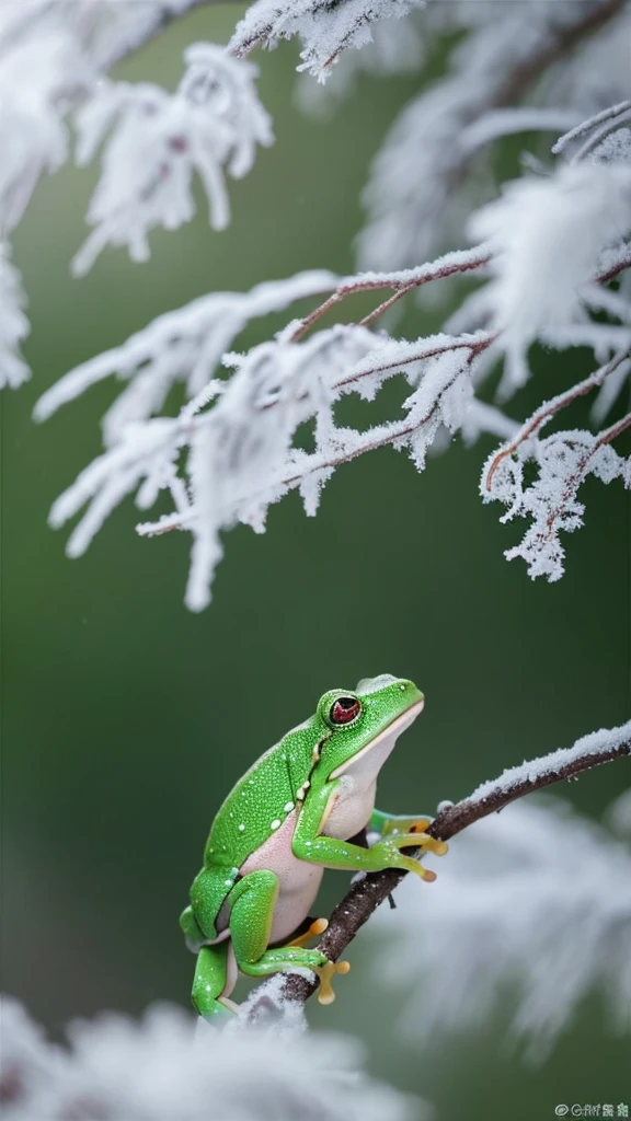 Partially frozen tree frog in a frozen forest。The surroundings are cold and silent、In a mysterious, beautiful yet eerie atmosphere、Looking forward to the spring thaw。