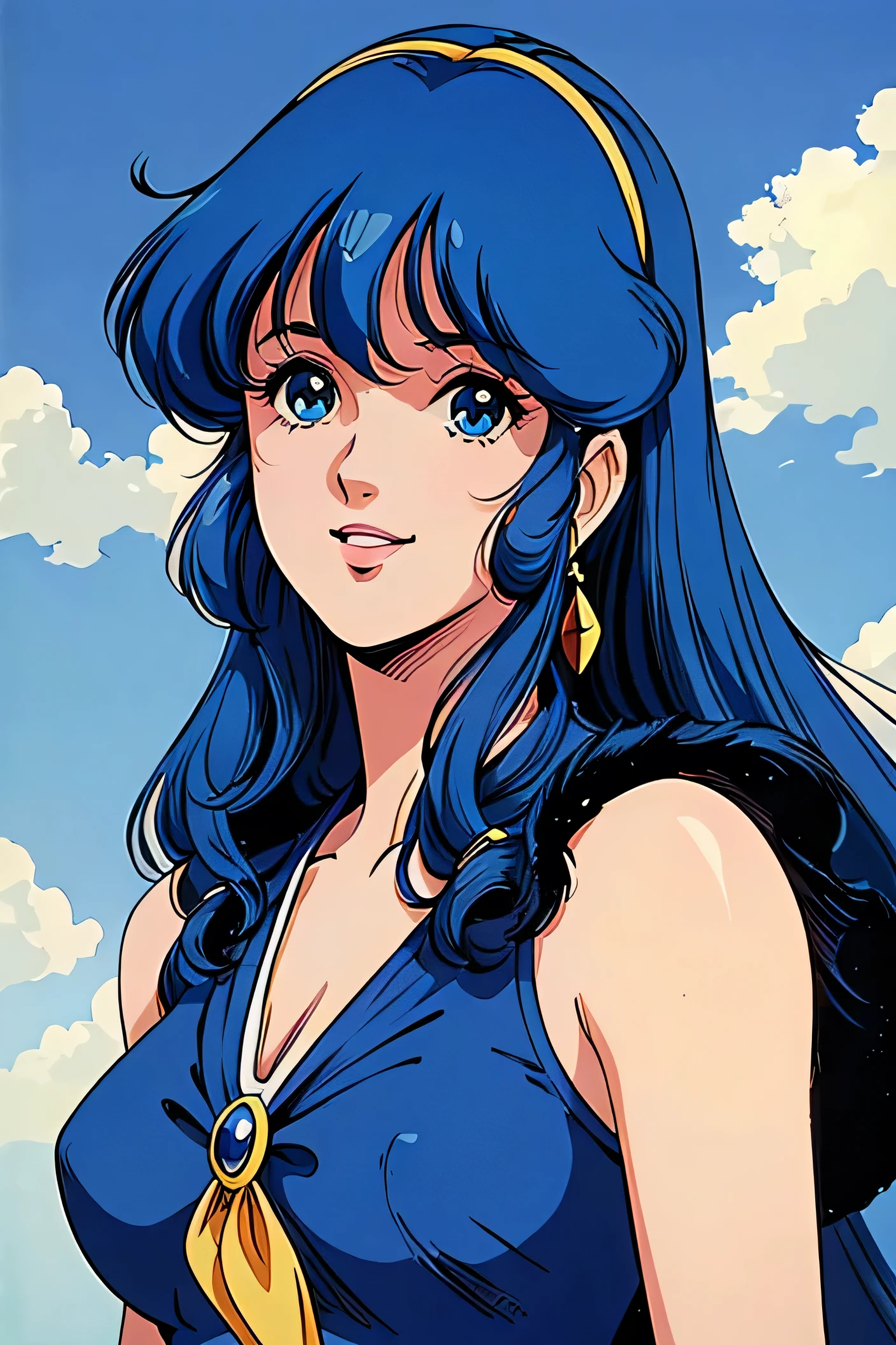 ((((Masterpiece ,Best Quality, Highest quality realistic retro anime.....)))),(((lynn minmay))), blue dress, top wo nerae!, 1 girl, alone, ((hyper realistic long blue fur)), looking at the viewer, SMILE, Hits,shirt, ((very detailed and realistic light blue eyes)), Closed mouth, blue fur, exterior, sky, day, cloud, tree, blue sky, lips, separate blows, eyelashes, make up, light SMILE, lipstick, portrait, close up, ((retro Best Quality, hyperrealistic art of the highest qualityStyle)), 1980s ,fine blue hair with very real details))exterior, sky, day, cloud, tree, blue sky, lips, separate blows, eyelashes, make up, light SMILE, lipstick, portrait, close up, ((retro Best Quality, hyperrealistic art of the highest qualityStyle)), 1980s (realistic style)