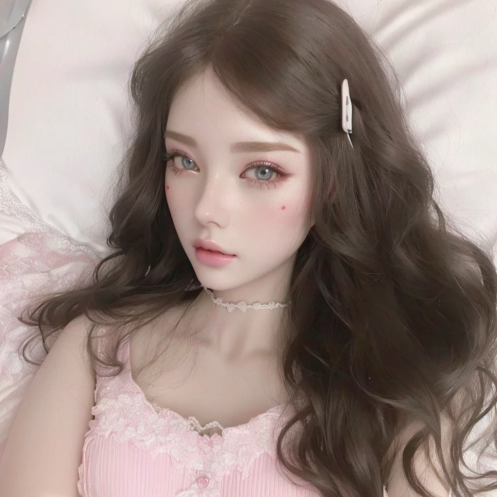 Arafed woman dressed in pink lying on a bed with a cell phone, beautiful dolphin, jointed doll, pale porcelain white skin, with long hair and piercing eyes, plastic doll, art doll, skydoll knife, doll face, Sweet ultra-realistic bunny, Sakimichan, pale and light skin!!, hyperrealistic teenager, very pretty face