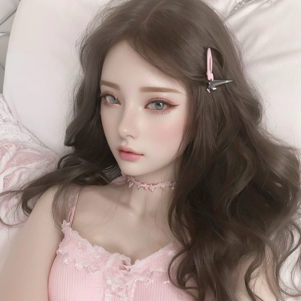 Arafed woman dressed in pink lying on a bed with a cell phone, beautiful dolphin, jointed doll, pale porcelain white skin, with long hair and piercing eyes, plastic doll, art doll, skydoll knife, doll face, Sweet ultra-realistic bunny, Sakimichan, pale and light skin!!, hyperrealistic ager, very pretty face