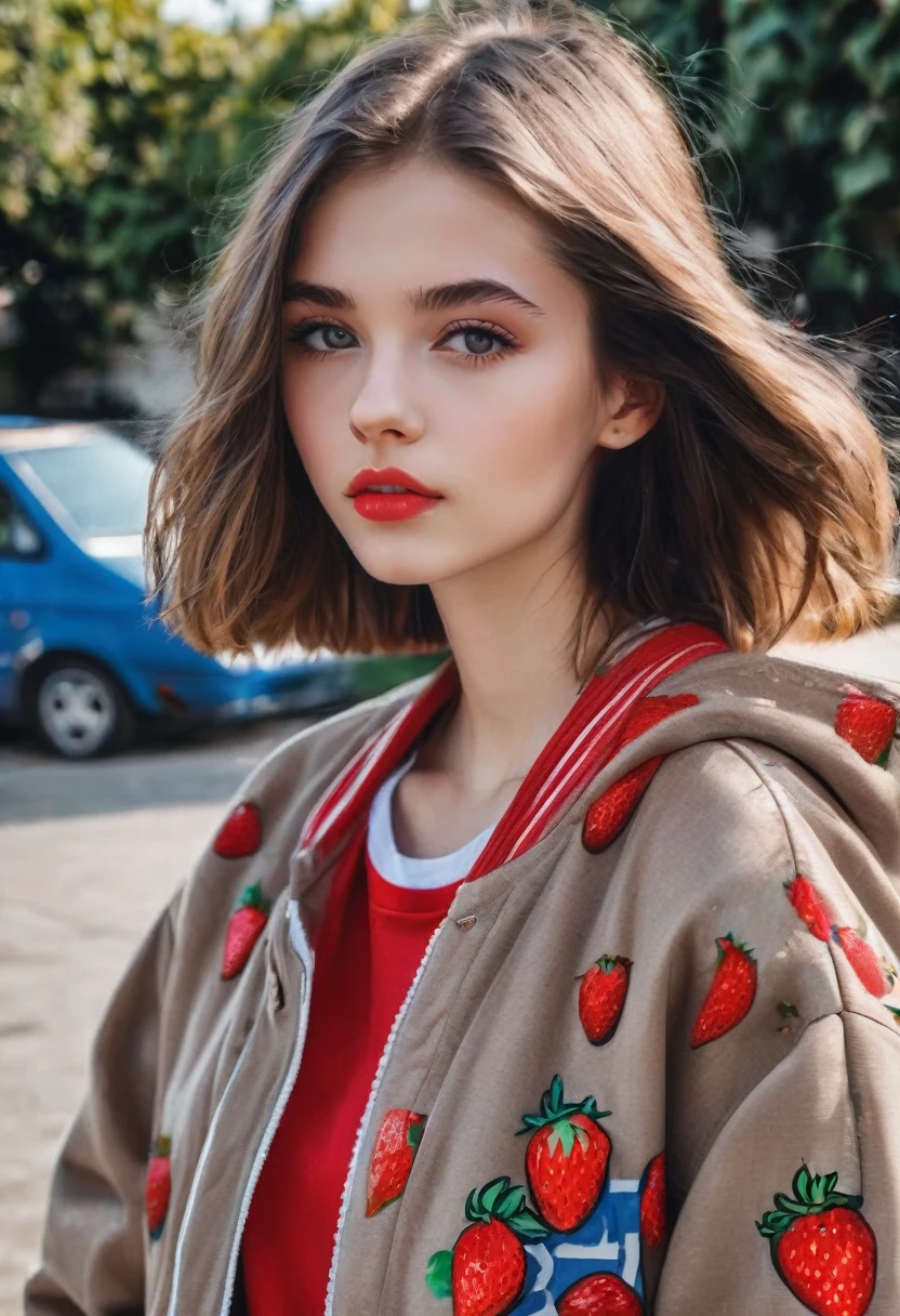 Beautiful 16-year-old girl, named Sofia, beautiful golden eyes, large detailed eyes, MID-HEIGHT bob long haircut, mermeland lips, sexy, detailed face, university jacket, in the background a strawberry, car, parking