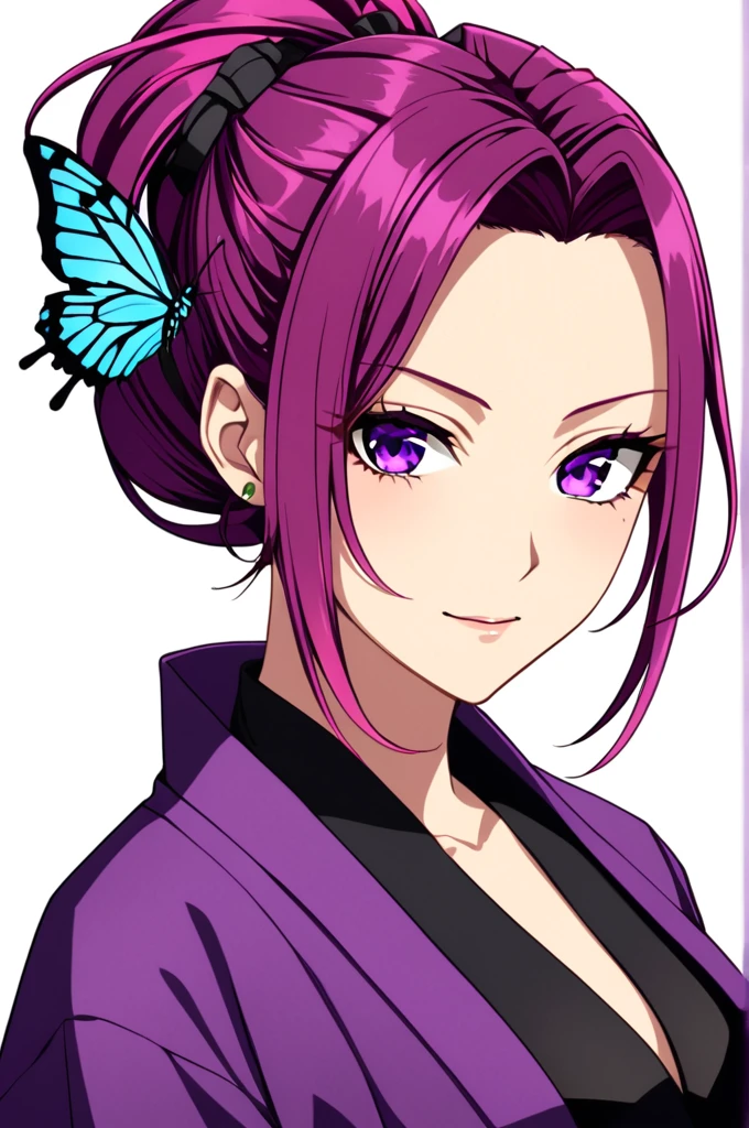 kochou shinobu, multicolored hair, no bangs, hair intakes, purple eyes, forehead, black bra, black pantie, haori, butterfly, buttons,