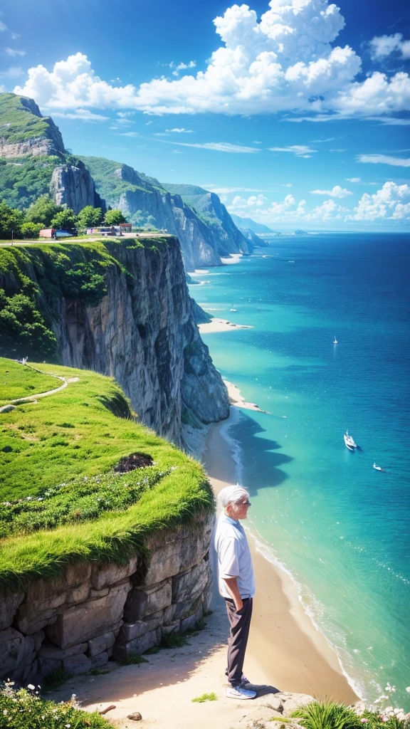 Create a high-quality anime-style image featuring an elderly man standing on a rocky cliff by the sea. The man has white hair, a beard, and is wearing round glasses. He is dressed in a white shirt, beige pants rolled up at the ankles, and white sneakers. His posture is relaxed, with his hands in his pockets, gazing thoughtfully into the distance.
The background consists of a clear blue sky filled with fluffy, white clouds. Below the cliff, there is a calm sea with boats and a small coastal village nestled at the foot of green, mountainous terrain. The scene captures a peaceful, reflective moment, with vibrant colors and detailed shading to emphasize the tranquil and contemplative atmosphere.
