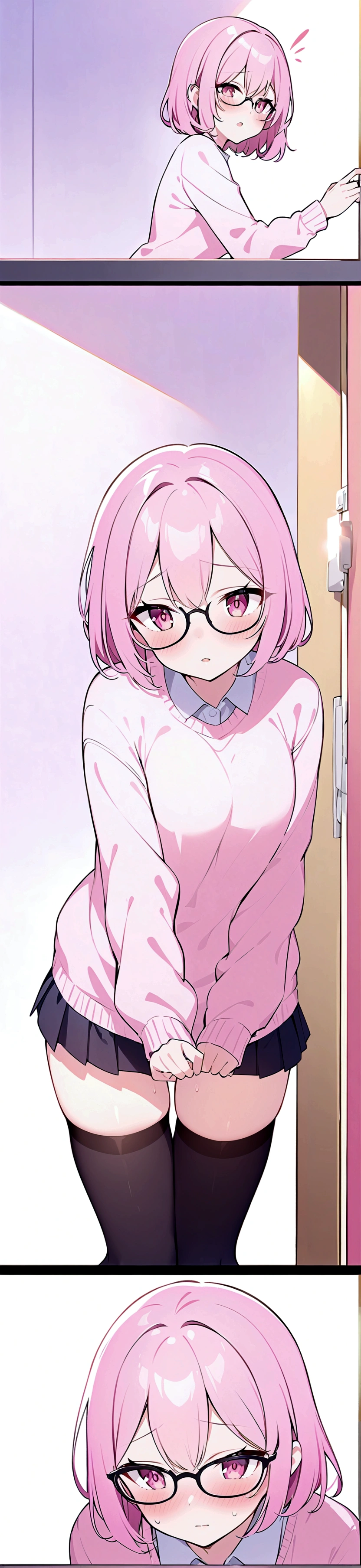 pink hair black glasses pink eyes extremely blushing a big pink sweater short black short skirt black stockings be a reserved girl her bed 