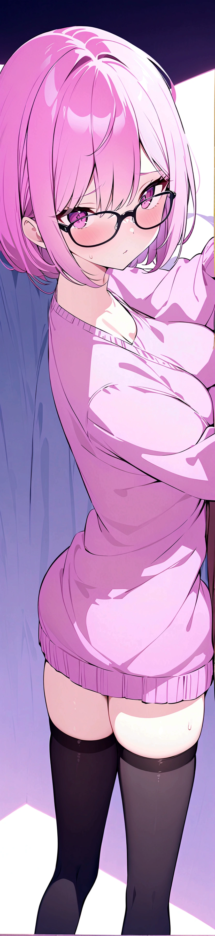 pink hair black glasses pink eyes extremely blushing a big pink sweater short black short skirt black stockings be a reserved girl her bed 