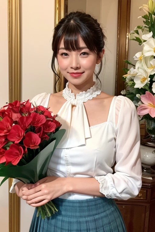 Medium Size Display, Medium Shot, Written boundary depth, bust, Upper Body, Movie angle, masterpiece, Highest quality, Very detailed, CG, 8k wallpaper, Beautiful Face, Delicate eyes, Otome, alone, smile, bangs, skirt, Formal blouse, Bouquet of lilies