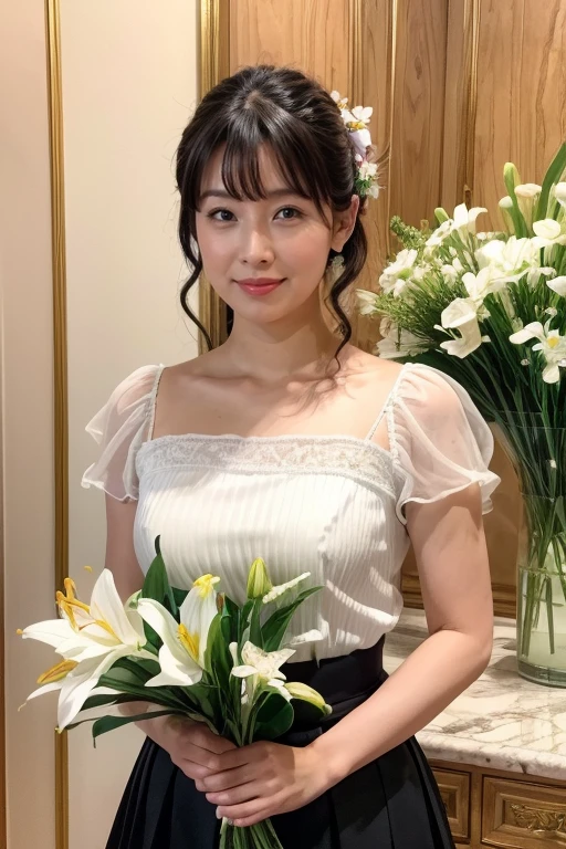 Medium Size Display, Medium Shot, Written boundary depth, bust, Upper Body, Movie angle, masterpiece, Highest quality, Very detailed, CG, 8k wallpaper, Beautiful Face, Delicate eyes, Otome, alone, smile, bangs, skirt, Formal blouse, Bouquet of lilies