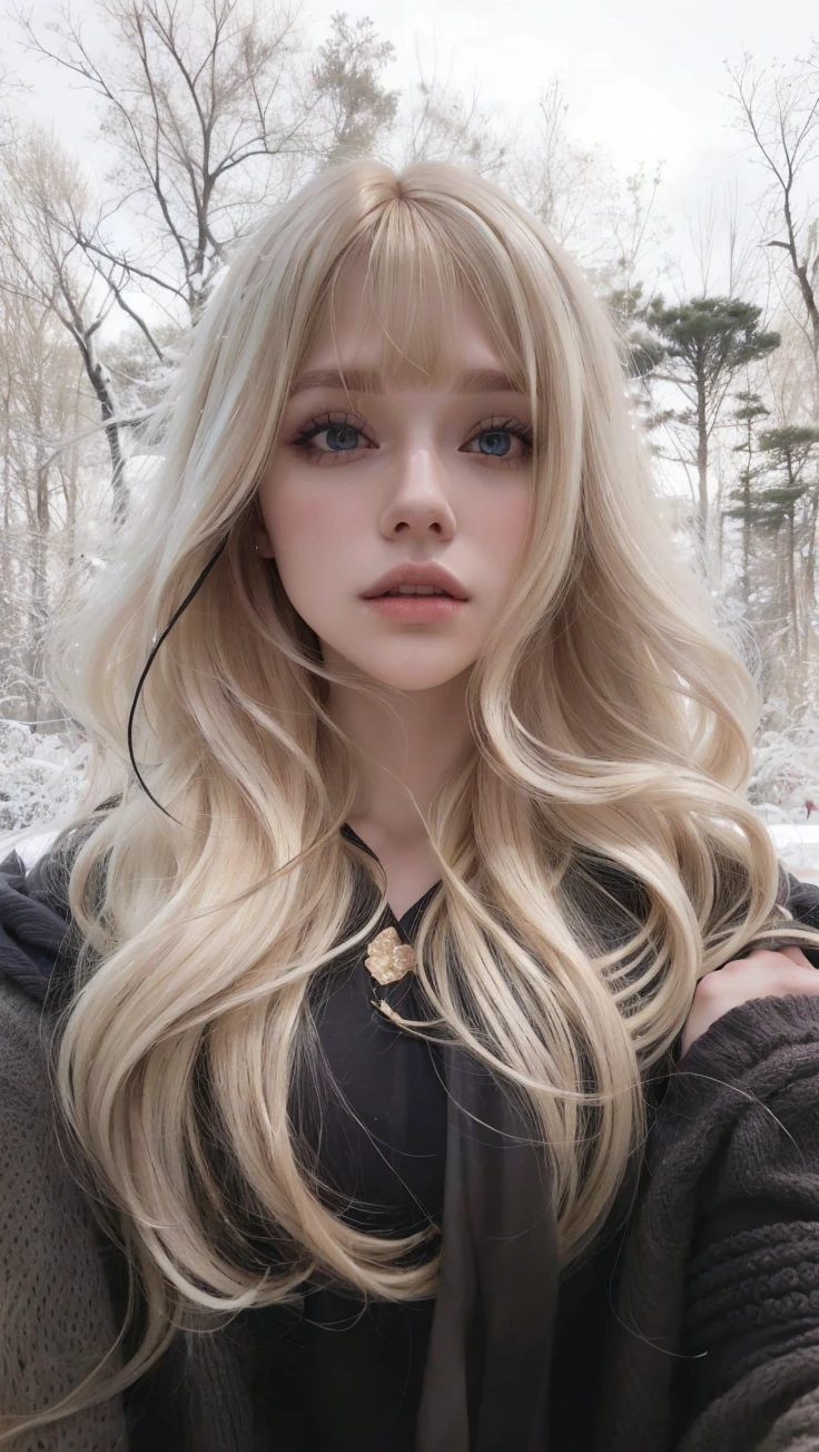 um close de uma mulher with long blonde hair whit bangs e uma blusa preta, long blonde hair and big eyes, long curly light blonde hair, a gorgeous blonde whit bangs, llong luxurious light blonde hair, with very long blonde hair, with long blonde hair, extremely long and thick bangs.