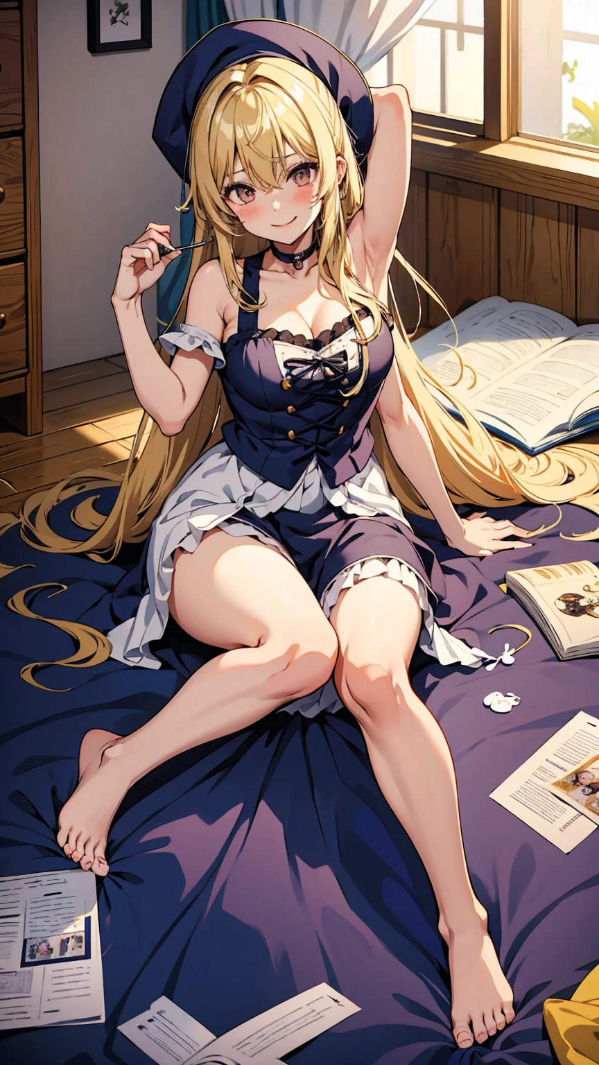 Marisa Kirisame、Messy room、Cute Woman、Blonde、Wizard、Marisa&#39;s Hat、Very thick thighs、Grinning、smile、Sloppy body、Best image quality、High resolution、masterpiece、super high quality、Thick pubic hair、Orgasm Facial、Stripes々Panties、Stripes々bra、Very big ass、Very large breasts  、Blushing、4K quality、Blushing、Spread your legs wide、Luxurious chair、Wearing black knee socks、Sweaty all over、Heavy breathing、Shaking breasts、上下にShaking breasts、Angle from the feet