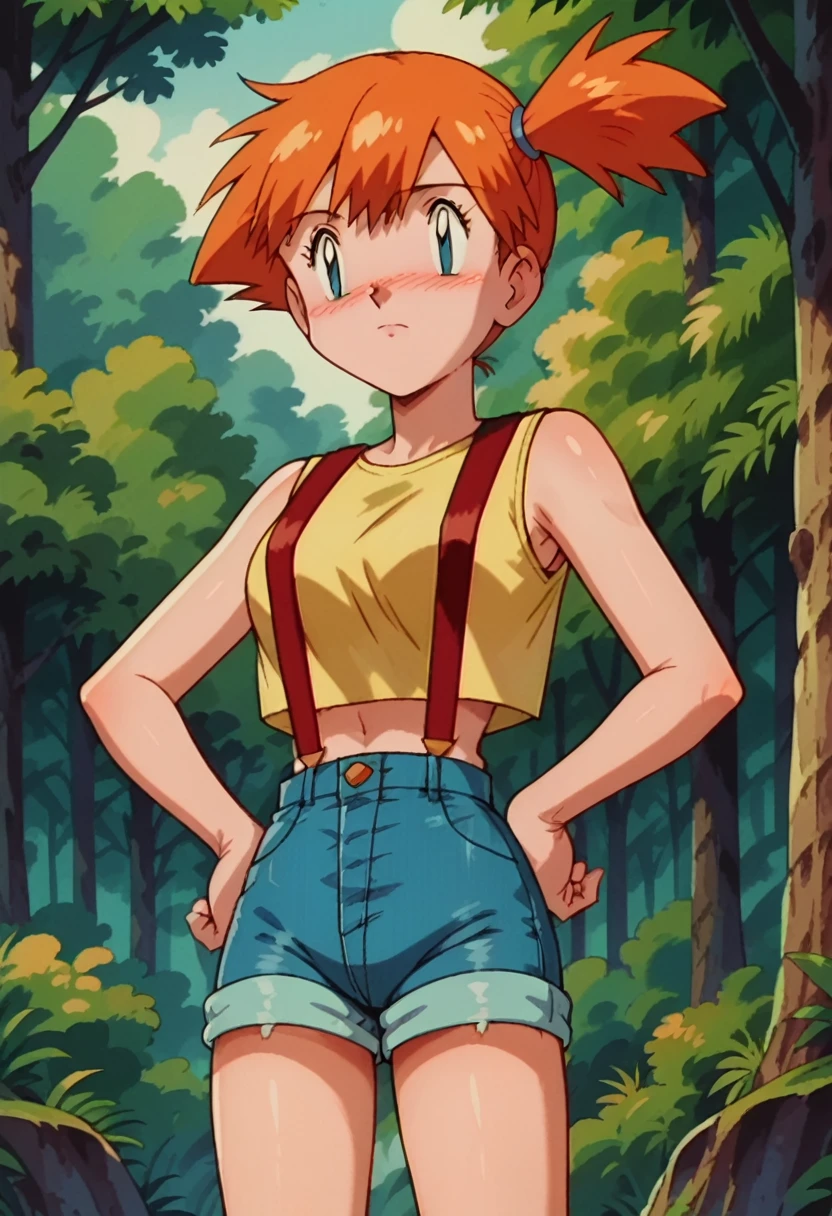 anime screencap, score_9,  score_8_up, score_7_up, score_6_up, source_anime, 1girl, solo, misty \(pokemon\), side ponytail, blush, yellow tank top, suspenders, hands on hips, denim shorts, forest, tree, sky