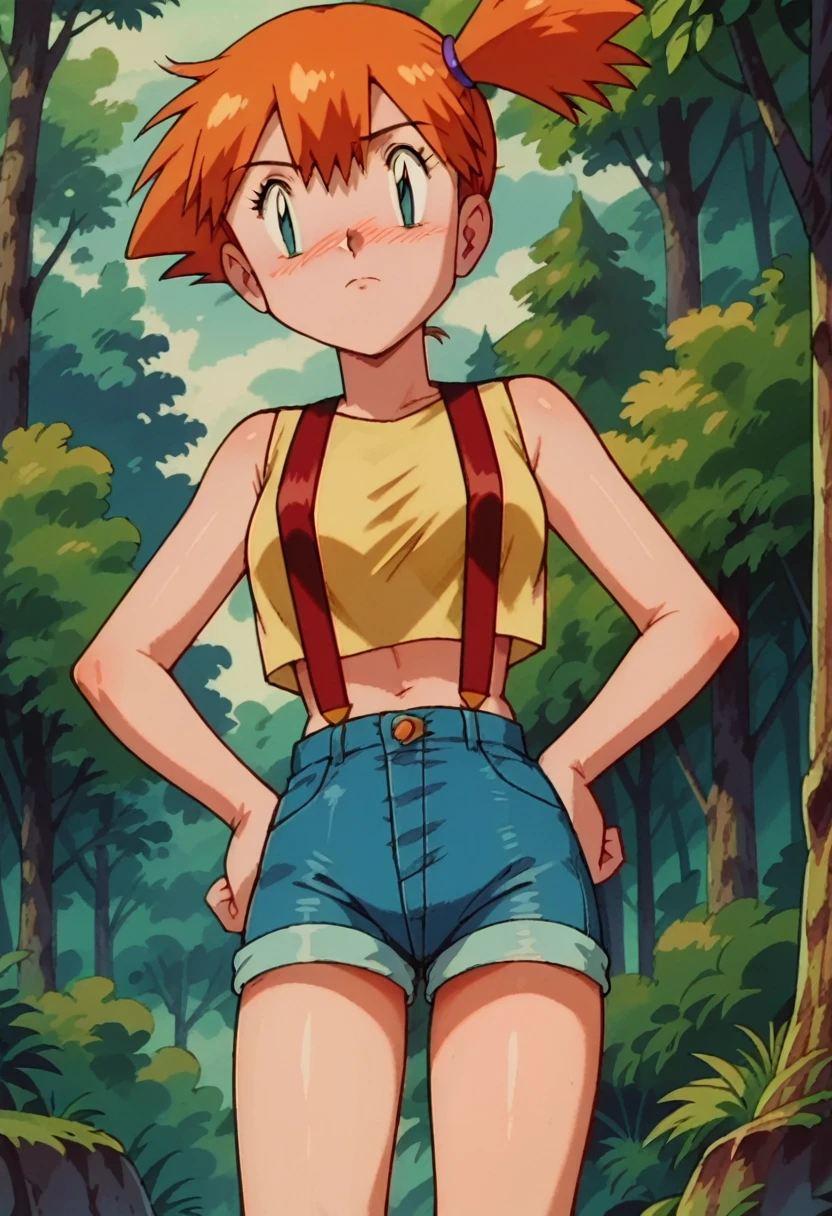 anime screencap, score_9, score_8_up, score_7_up, score_6_up, source_anime, 1girl, solo, misty \(pokemon\), side ponytail, blush, yellow tank top, suspenders, hands on hips, denim shorts, forest, tree, sky