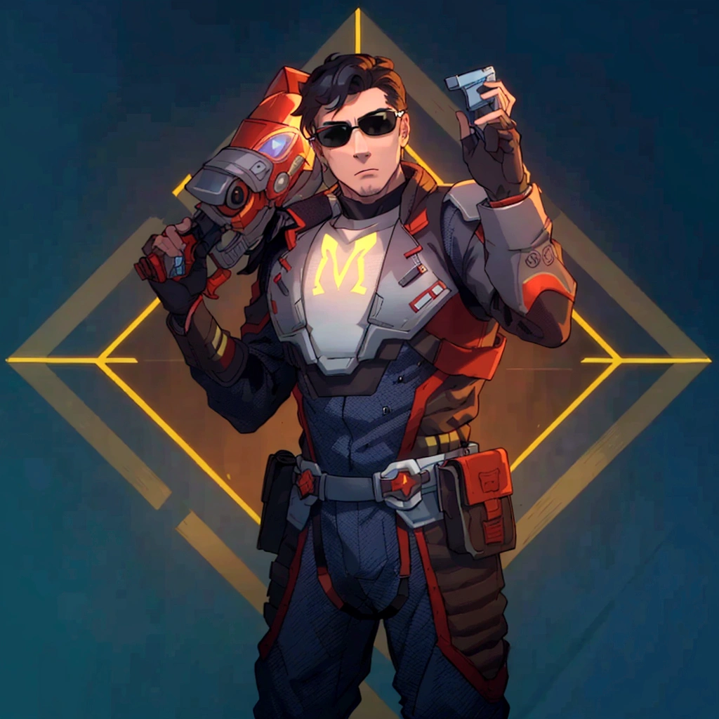 At the center of a vibrant piece of digital art, a male character stands confidently with his hands on his hips. He is adorned in an elegant gray and red suit equipped with a helmet and glasses and on his chest bears the letter M, suggesting that he might be prepared for an adventure or battle. His outfit is completed with a pair of sunglasses, adding to his cool demeanor. In his right hand he holds a gun, ready for action. The background contrasts strikingly with its blue and yellow geometric shapes, enhancing the overall futuristic theme of the image.