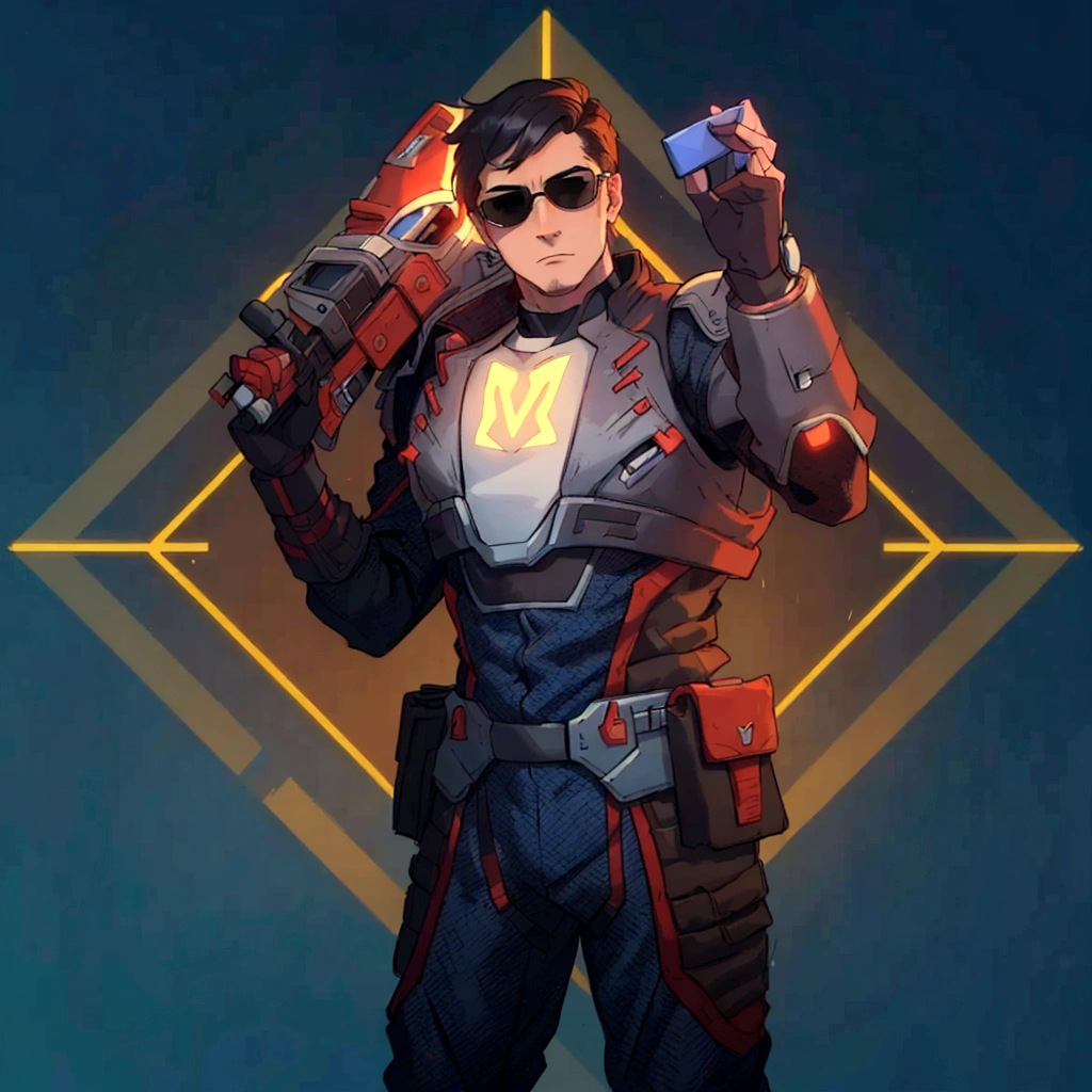 At the center of a vibrant piece of digital art, a male character stands confidently with his hands on his hips. He is adorned in an elegant gray and red suit equipped with a helmet and glasses and on his chest bears the letter M, suggesting that he might be prepared for an adventure or battle. His outfit is completed with a pair of sunglasses, adding to his cool demeanor. In his right hand he holds a gun, ready for action. The background contrasts strikingly with its blue and yellow geometric shapes, enhancing the overall futuristic theme of the image.