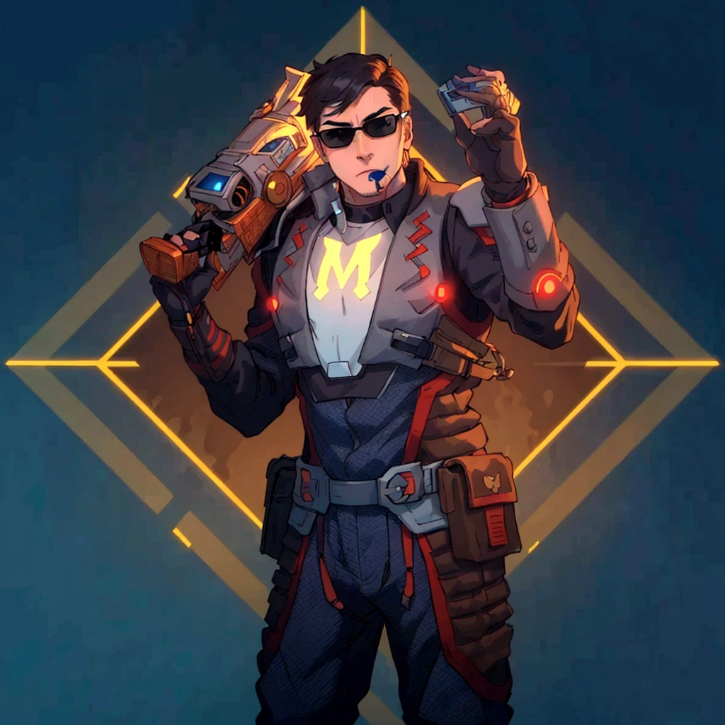 At the center of a vibrant piece of digital art, a male character stands confidently with his hands on his hips. He is adorned in an elegant gray and red suit equipped with a helmet and glasses and on his chest bears the letter M, suggesting that he might be prepared for an adventure or battle. His outfit is completed with a pair of sunglasses, adding to his cool demeanor. In his right hand he holds a gun, ready for action. The background contrasts strikingly with its blue and yellow geometric shapes, enhancing the overall futuristic theme of the image.