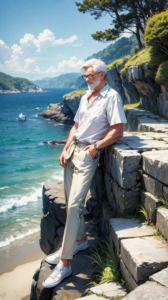 Create a high-quality anime-style image featuring an elderly man standing on a rocky cliff by the sea. The man has white hair, a beard, and is wearing round glasses. He is dressed in a white shirt, beige pants rolled up at the ankles, and white sneakers. His posture is relaxed, with his hands in his pockets, gazing thoughtfully into the distance.

The background consists of a clear blue sky filled with fluffy, white clouds. Below the cliff, there is a calm sea with boats and a small coastal village nestled at the foot of green, mountainous terrain. The scene captures a peaceful, reflective moment, with vibrant colors and detailed shading to emphasize the tranquil and contemplative atmosphere.