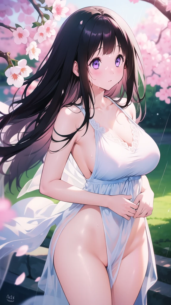Amazing Chitanda, There is only one beautiful girl，Purple Eyes, Black Hair, Very red face，Very white skin，Glowing skin，Skin as delicate as porcelain，Naturally straight hair, Straight bangs，Extremely refined，Open lips，Long flowing hair，Beautiful Girl, Like a dream，Slim，Slim waist，Soft, (Sensual), (Kawaii), Dream quality，Beautiful big breasts，Sheer loose dress，Areola，Completely naked，Lower edge of breast，White gloves，Flower decoration，Deep V neckline，Loose neckline，White lace-up，Wide neckline，In school，The wind blows the hair，Place your hands on your inner thighs，Thighs clamp hands，Wet skin，Sweaty and sweaty，Sweating all over，it is raining，Next to the cherry blossom trees，Back to，Lean over，Hips，Side body，Gluteal groove，Completely naked的臀部，Bare back，Completely naked的背部，Light transmission，（no pants），nopan，pussy juice，Bare shoulders，There are no shoulder straps，Bare neck，Exposed collarbone，Exposing breasts，Exposing breasts侧面，Exposing breasts下面，Show your waist，Show your buttocks，Show your thighs，Exposing the groin，（No pants），extremely shy，Ultra-high resolution, (masterpiece:1.2, best quality), (Delicate and beautiful eyes: 1.2), (Beautiful and delicate face)