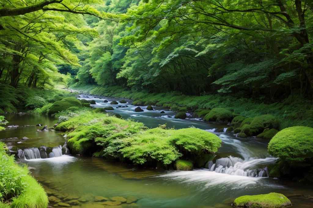 a close up of a stream running through a lush green forest, Japanese green forest, river in forest, forest and river, green forest, forest landscape, gentle shining forest stream, peaceful green forest, lush green forest, Japanese green gold forest, Japanese nature, lush deep forest, beautiful forest landscape, peaceful environment, lush green forest landscape, 8k