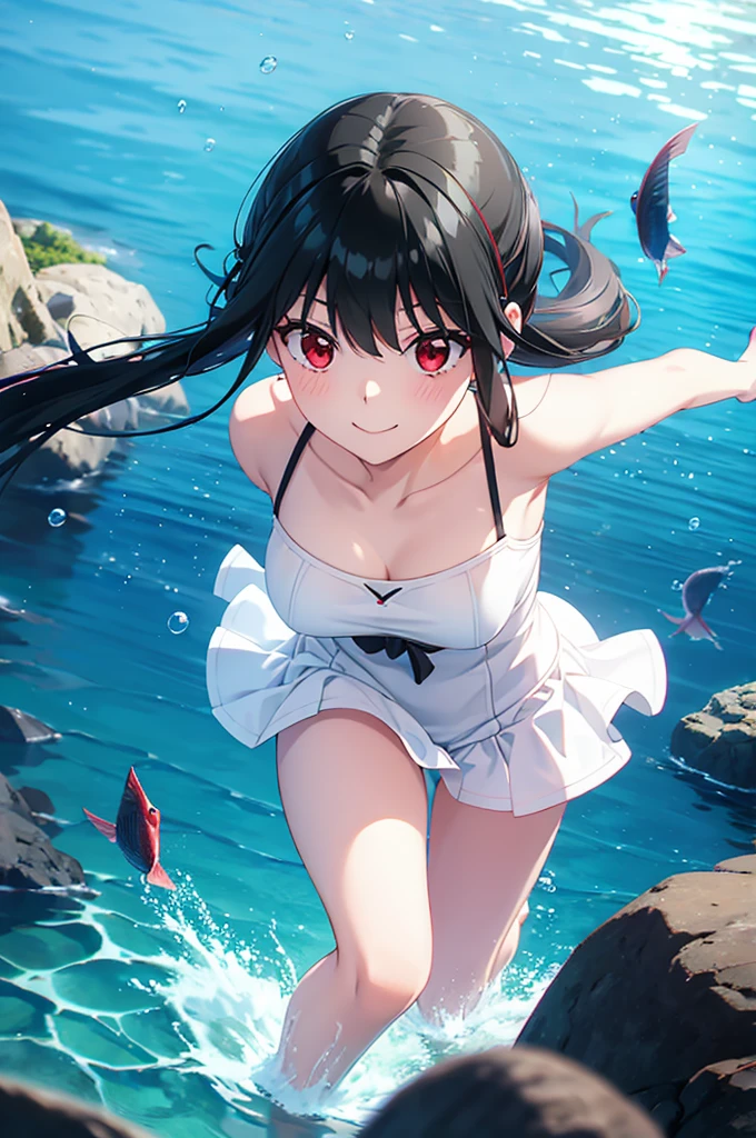 ((best quality)), (ultra-detailed), ((extremely detailed)), (beautiful), ((kawaii girl)), (black:1.3) hair, red (colored inner hair:1.2), long hair, straight hair, swept bangs, asymmetrical bangs, hair intakes, ahoge, kind smile, red eyes, medium large breasts, BREAK, 比基尼, beautiful scenery, underwater, water drop, dynamic lighting, light particle, sunlight, shadow, [Colorful young fishes], (air bubble:1.2), reflection, extremely detailed CG unity 8k wallpaper,White hair band、Red eyes、Black Hair、Yor Briar、smile、Bubble、Floating、Float your legs、流れるBubble、dive、In the sea、One girl、In the water、Playing with fish、 the waterにdive、Swimwear